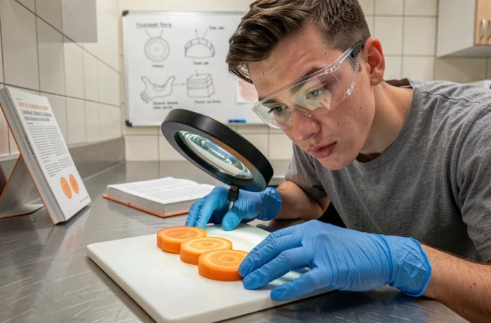 Étudiant en biologie observant des coupes transversales de carotte en laboratoire universitaire