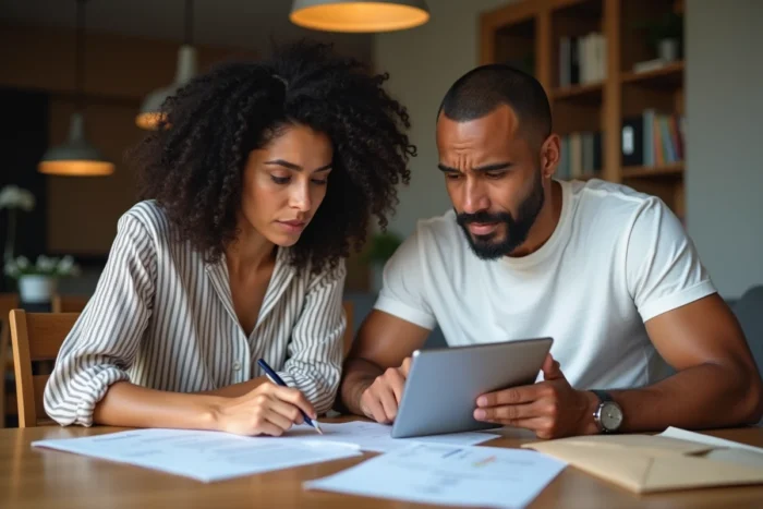 Couple examinant des documents administratifs France Travail liés à une actualisation et un paiement manquant