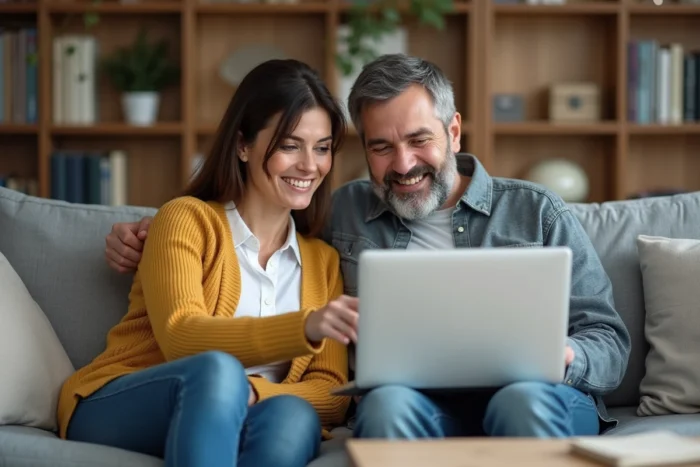 Couple explorant ensemble les pages d'un site immobilier sur un canapé dans un salon contemporain