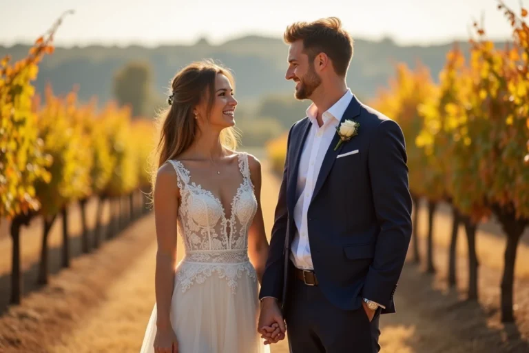 Couple de mariés riant dans un vignoble français en automne, mariée en robe de dentelle ivoire et marié en costume marine
