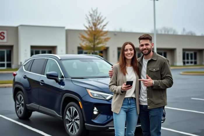 Couple consultatnt leur assurance auto Groupama formule confort sur smartphone devant leur SUV familial