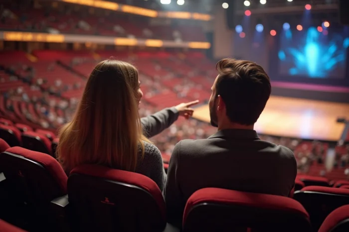 Un couple assis dans les tribunes de la Bercy Arena profite d'une vue dégagée sur la scène centrale lors d'un événement