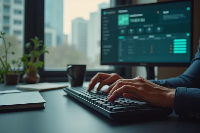 Gros plan sur un clavier d'ordinateur avec tableau de bord de cybersécurité pour surveiller un compte Instagram