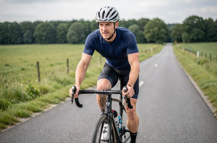 Cycliste homme pédalant sur un vélo de route abordable sur une route de campagne asphaltée