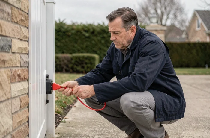 Homme actionnant le débrayage manuel d'un portail électrique en tirant sur le câble de déverrouillage d'urgence