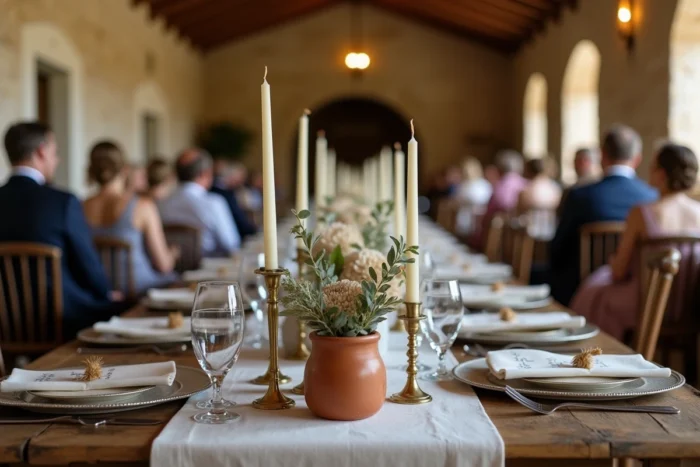 Décoration de table de mariage rustique chic dans une grange en pierre provençale avec fleurs séchées et bougies en terre cuite