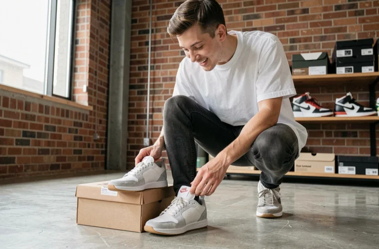 Jeune homme examinant une nouvelle paire de sneakers sortie de sa boîte dans un appartement urbain moderne