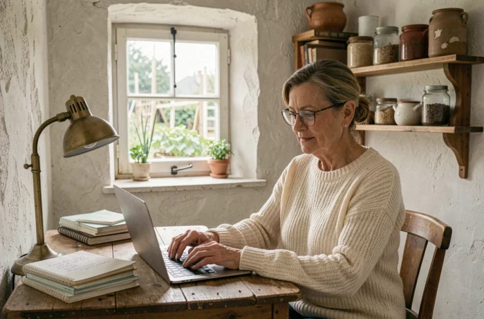Femme en pull crème répondant à des demandes de réservation sur un ordinateur portable dans un bureau rustique de ferme française