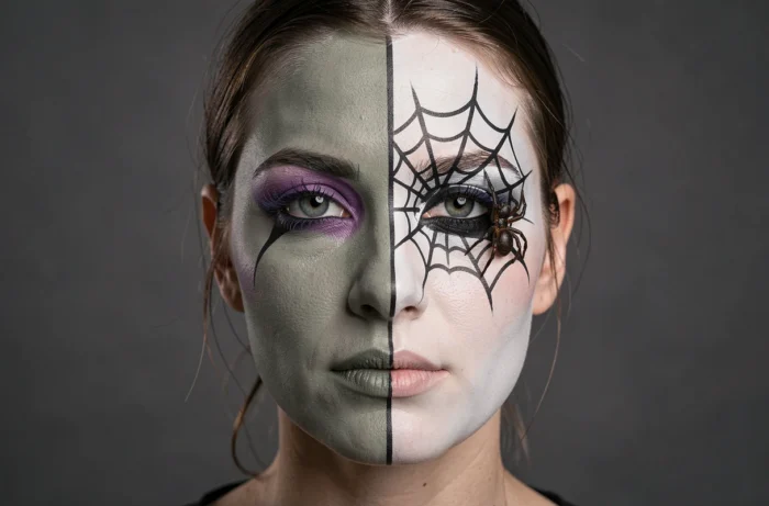 Demi-visage maquillage Halloween avec côté sorcière vert-gris à gauche et côté toile d'araignée noir et blanc à droite séparés par une ligne nette au centre du visage