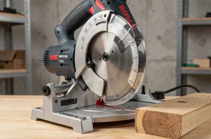 Détail technique de la scie radiale Bosch GCM 12 GDL avec guide laser et échelle de biseau