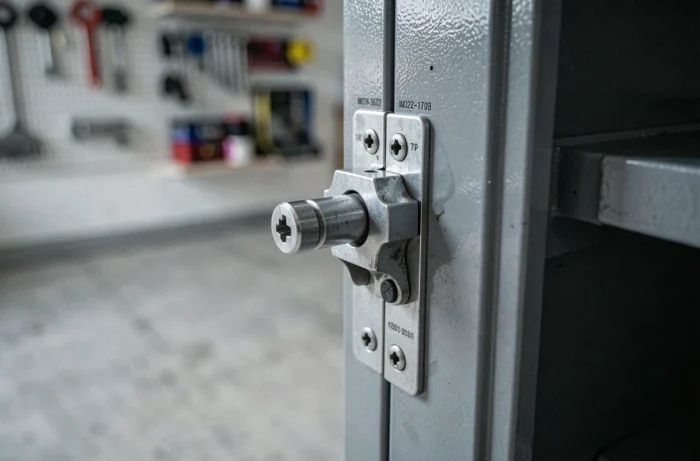 Gros plan du mécanisme de verrouillage à trois points d'une armoire à fusil, avec serrure cylindrique et cadre en acier renforcé dans un garage domestique