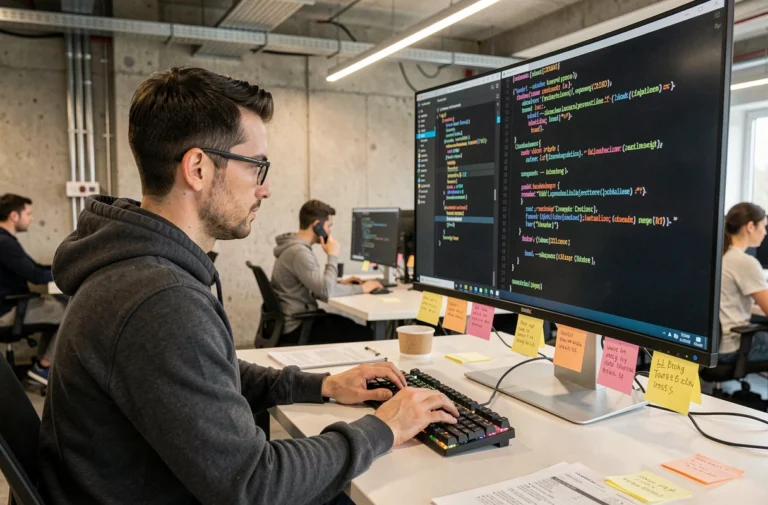 Développeur informatique analysant la documentation d'une API SVC sur un écran ultrawide dans un bureau moderne