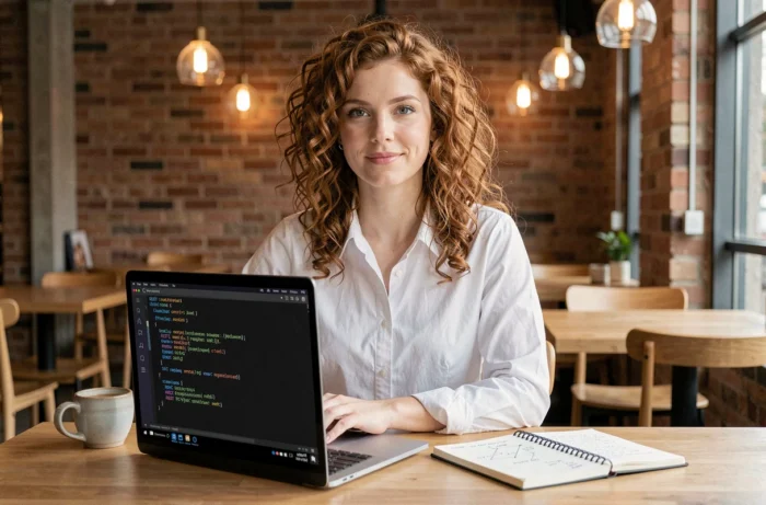 Développeuse travaillant sur des appels d'API SVC dans un café avec un ordinateur portable et des notes techniques