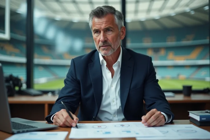 Directeur sportif en réunion de recrutement étudiant des dossiers de transfert dans un bureau moderne de club de rugby