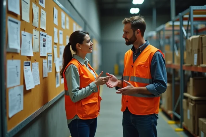 Deux employés d'usine discutant devant un tableau d'affichage syndical dans un couloir industriel