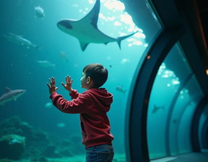Enfant émerveillée dans le tunnel sous-marin de l'aquarium de La Ciotat avec raie manta