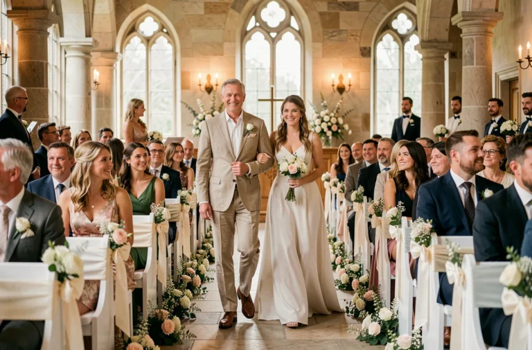 Parents marchant dans l'allée décorée lors d'une cérémonie de mariage émouvante