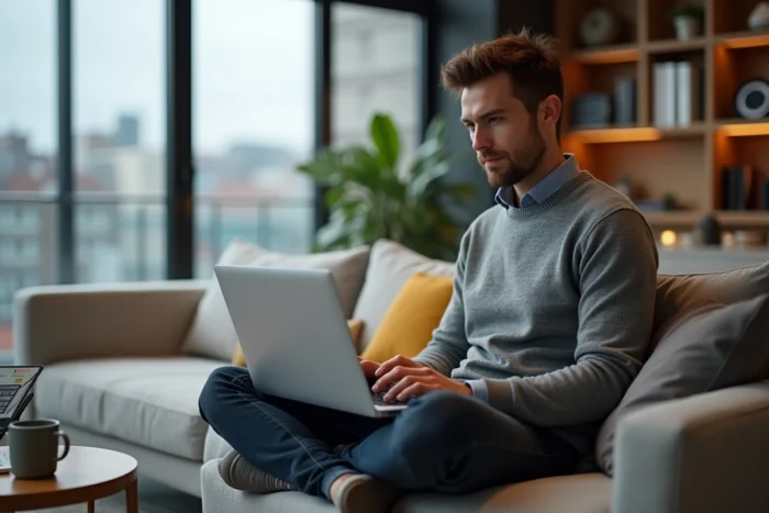 Entrepreneur gérant son site web depuis chez lui grâce à un hébergement professionnel fiable
