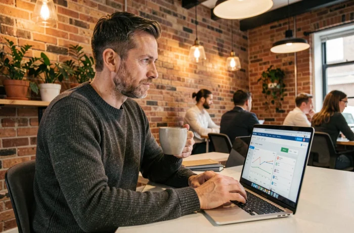 Entrepreneur masculin utilisant des outils en ligne pour booster son activité professionnelle dans un espace de co-working
