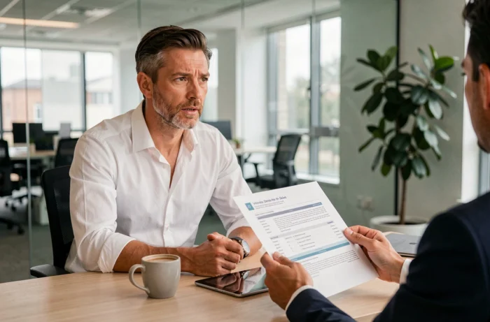 Entrepreneur en réunion avec un conseiller professionnel pour évaluer des services d'accompagnement à la gestion et au développement de son entreprise