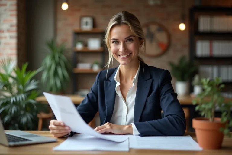 Entrepreneur femme en blazer marine travaillant sur ses documents dans un espace de coworking moderne