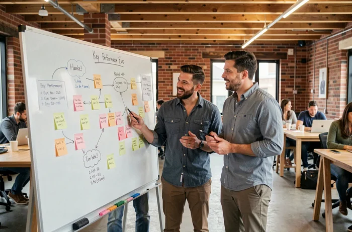 Équipe de professionnels collaborant autour d'un tableau blanc dans un espace de coworking moderne pour développer leur stratégie d'entreprise
