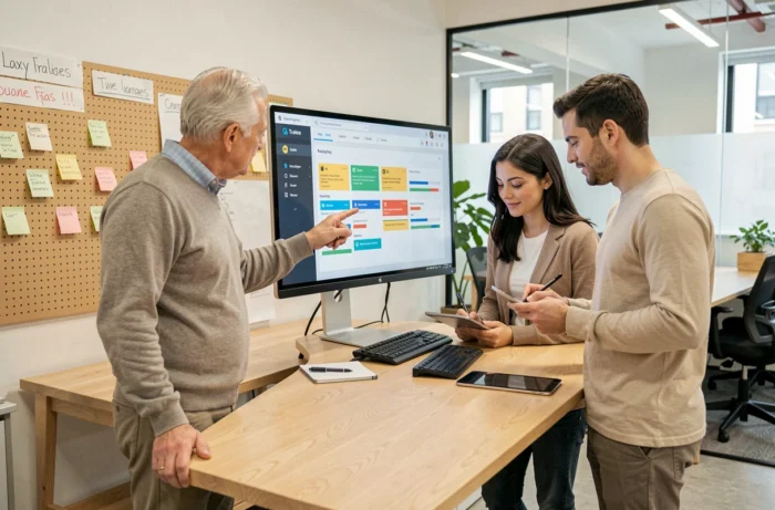 Équipe pluridisciplinaire analysant un tableau de bord de gestion de projet sur écran, représentant la transformation de projets par les services de Nos Entrepreneurs