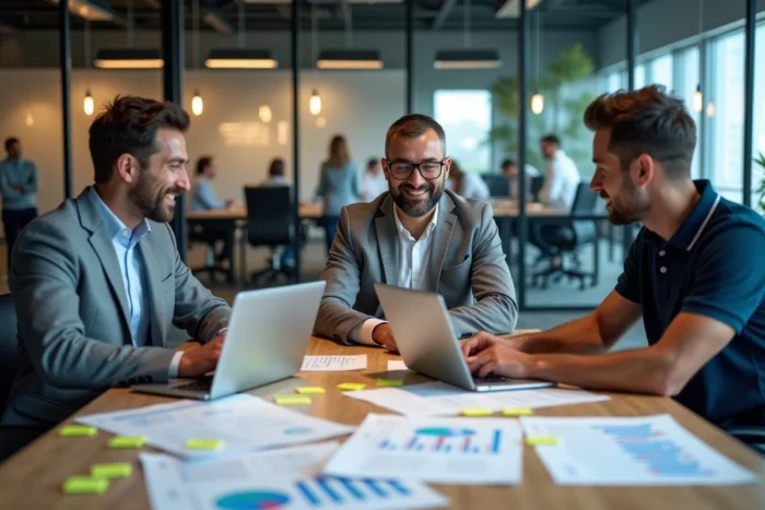 Équipe de professionnels discutant des tendances blockchain et cryptomonnaies en salle de réunion fintech