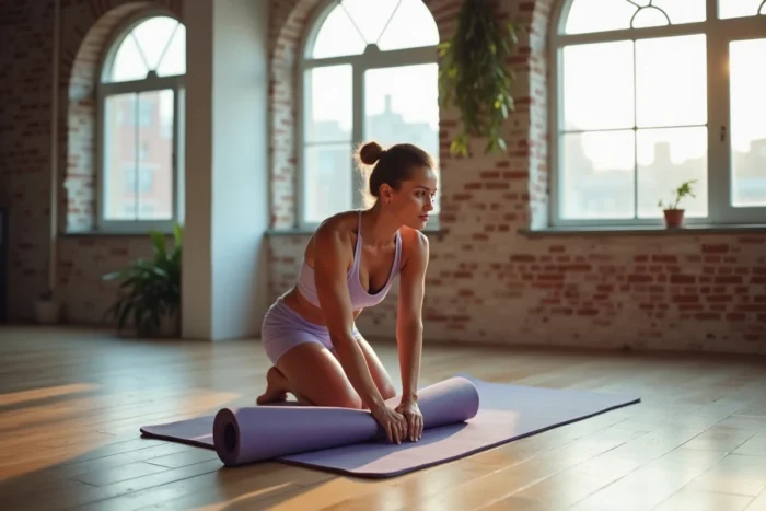 Femme athlétique effectuant un étirement de Pilates debout dans un loft fitness lumineux pour perdre du poids