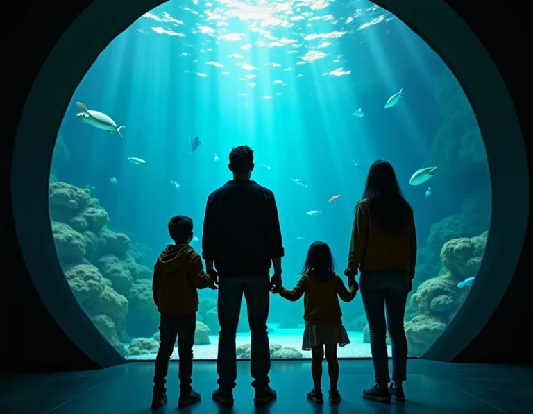 Famille admirant un grand aquarium tropical à La Ciotat avec poissons colorés et tortues marines