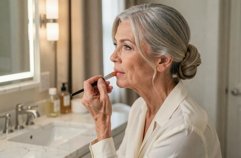 Femme de 60 ans appliquant un rouge à lèvres mat pêche devant un miroir de salle de bain en marbre blanc