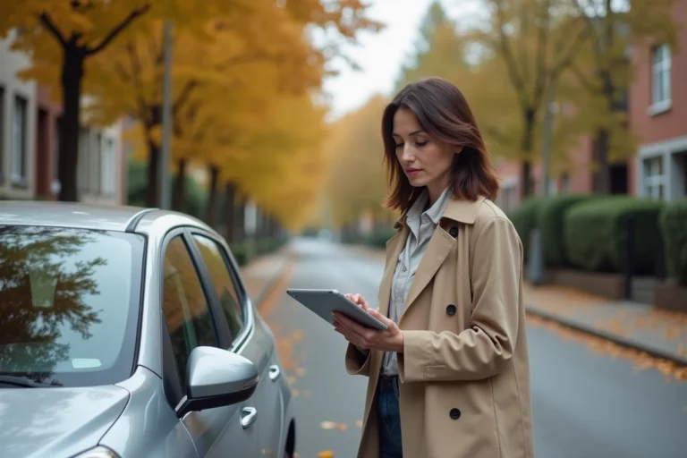 Femme consultant les documents de son assurance auto Groupama formule confort à côté de sa voiture