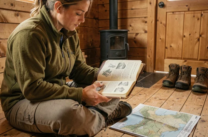 Femme consultant un carnet de voyage manuscrit dans un refuge de montagne en bois, avec carte topographique et équipement outdoor