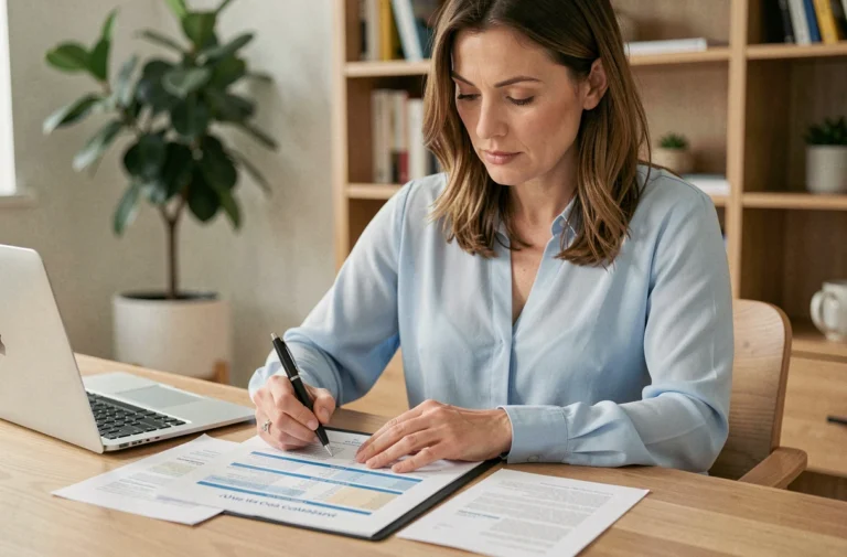 Femme comparant des offres de mutuelle santé à son bureau à domicile en 2024