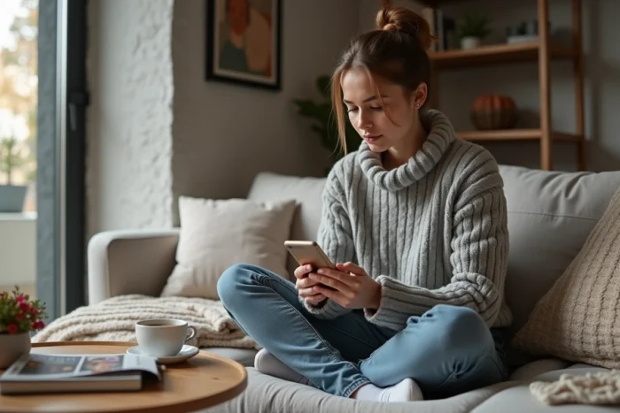 Jeune femme consultant les avis d'une plateforme de travaux à domicile sur son smartphone dans son salon