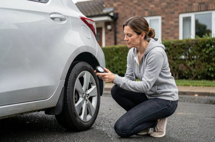 Femme vérifiant la pression du pneu arrière d'une Toyota Yaris hybride argentée dans une allée résidentielle avec un manomètre