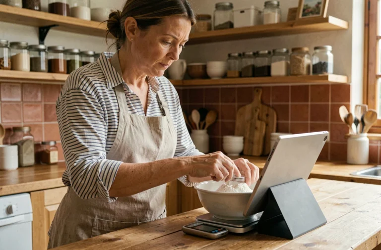 Femme utilisant un convertisseur de mesures culinaires sur tablette pour peser de la farine dans une cuisine rustique en bois