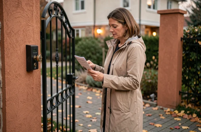 Femme consultant une notice de débrayage devant un portail battant en fer forgé lors d'une coupure de courant