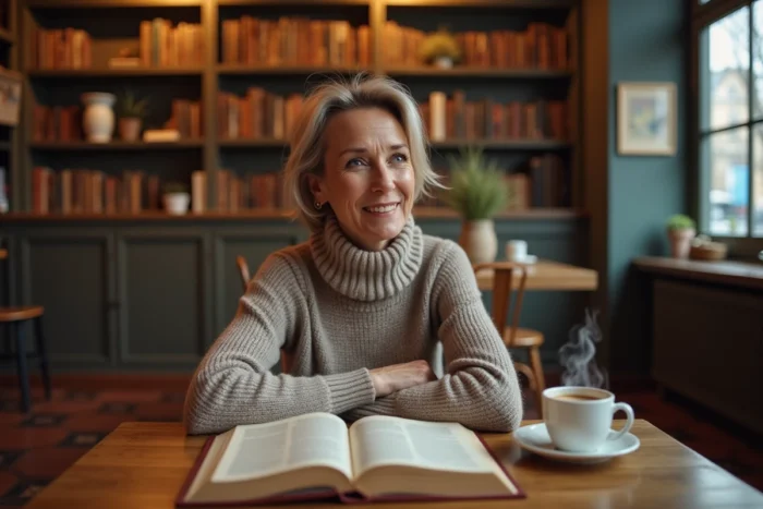 Femme consultant un dictionnaire dans un café parisien pour comprendre la signification d'un mot insolite