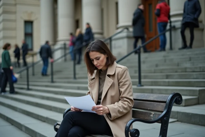 Femme lisant une mesure d'éloignement devant un palais de justice