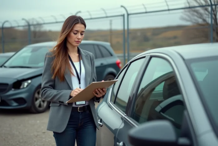 Femme consultant des documents administratifs à côté d'une voiture mise en fourrière sous scellé judiciaire