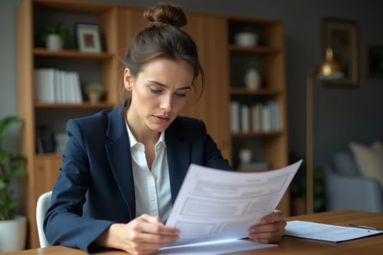 Femme examinant attentivement un dossier de location Zelok avec une expression préoccupée, assise à un bureau en bois dans un appartement moderne