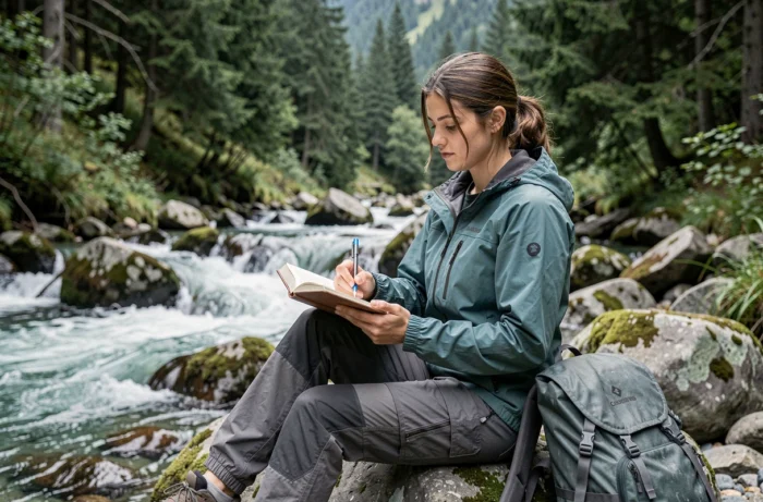 Jeune femme écrivant dans son carnet de voyage outdoor assise sur un rocher au bord d'un torrent de montagne, vêtue d'une veste technique imperméable
