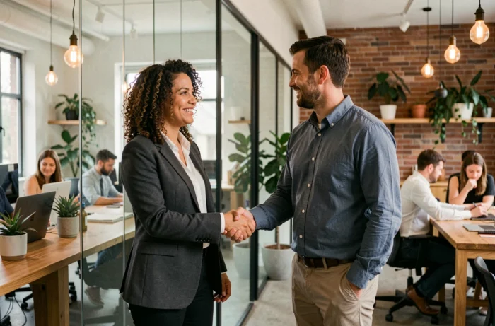 Femme entrepreneur serrant la main d'un client dans un espace de co-working, symbolisant un partenariat réussi grâce aux services de Nos Entrepreneurs