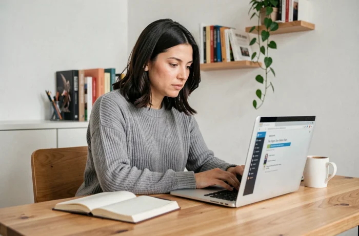 Femme suivant une formation en ligne sur son ordinateur portable dans un bureau à domicile organisé