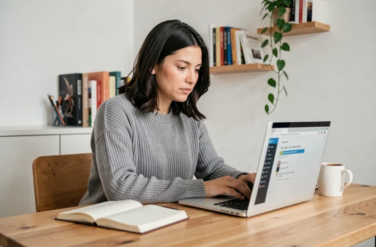 Femme suivant une formation en ligne sur son ordinateur portable dans un bureau à domicile organisé