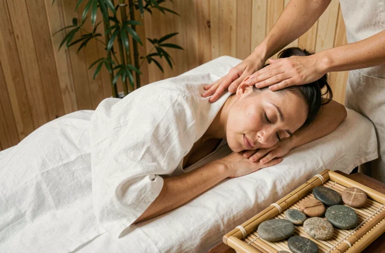 Femme allongée sur une table de massage dans un spa zen avec décor en bois naturel et pierres lisses
