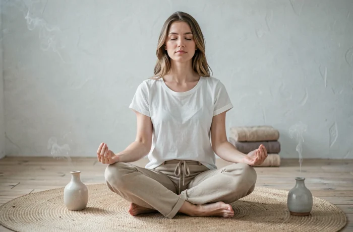 Femme assise en méditation sur un tapis en jute dans un studio de bien-être minimaliste après une séance de massage
