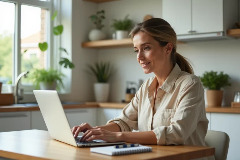 Femme utilisant une plateforme de services à domicile sur son ordinateur portable dans une cuisine moderne