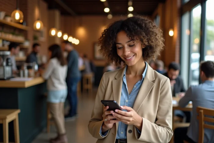 Femme consultant son portefeuille de cryptomonnaies sur smartphone dans un café urbain
